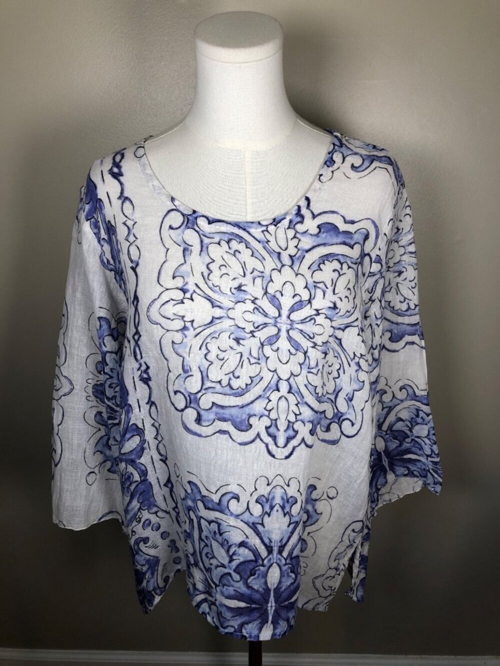 idillio Positano 100% Linen Purple & White Floral Scoop Neck Pullover Size S